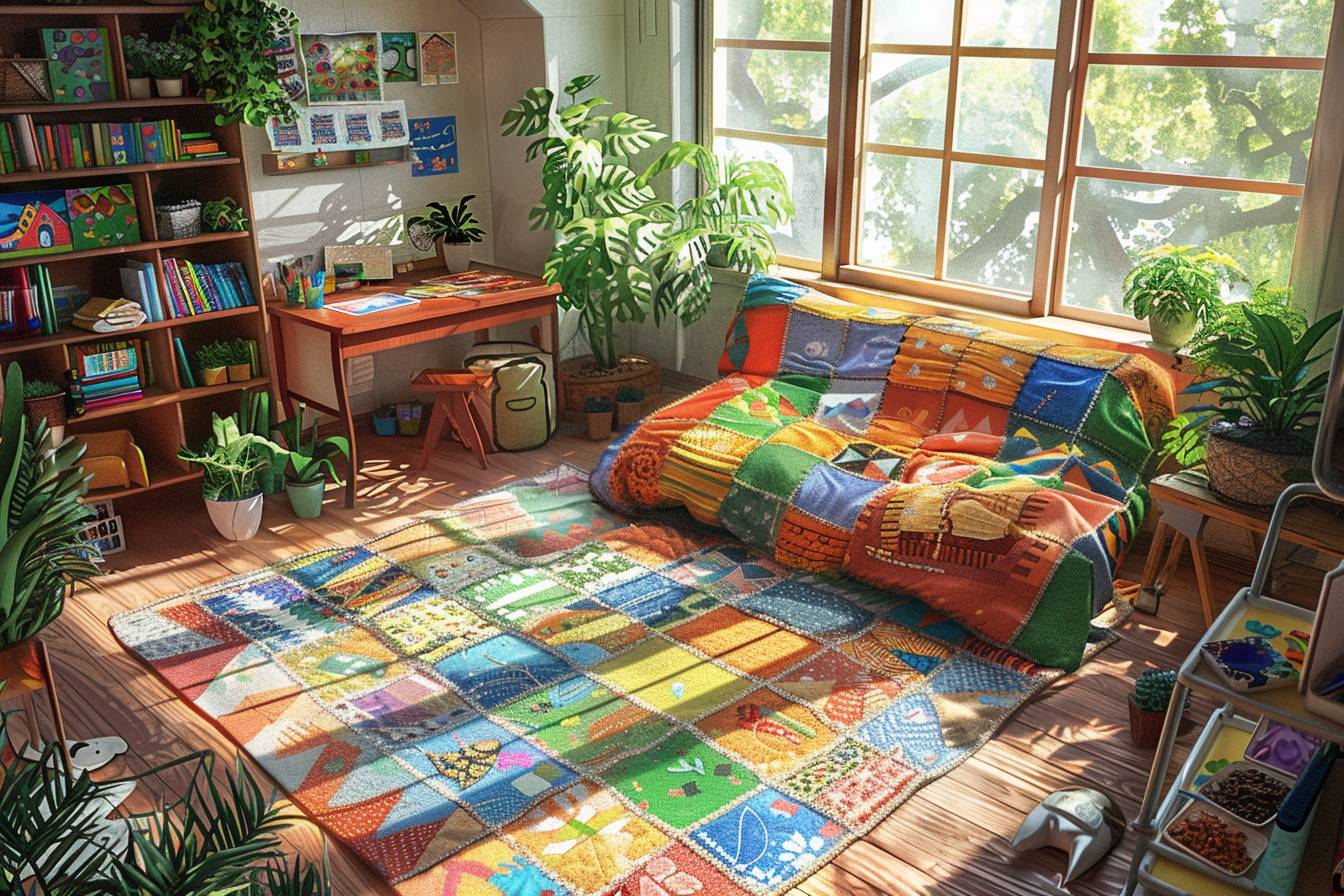 Chambre d'enfant colorée et écologique décorée avec des matériaux recyclés, illustrant des idées d'Oasis Éco-Créatif